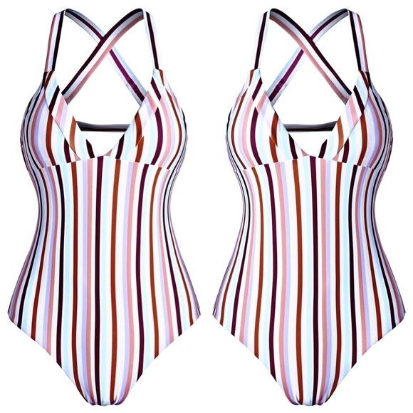 Striped ✦ Criss-Cross One Piece Swimsuit ✦ Scoop Neck + Padded Open Back S NWT - Picture 6 of 11
